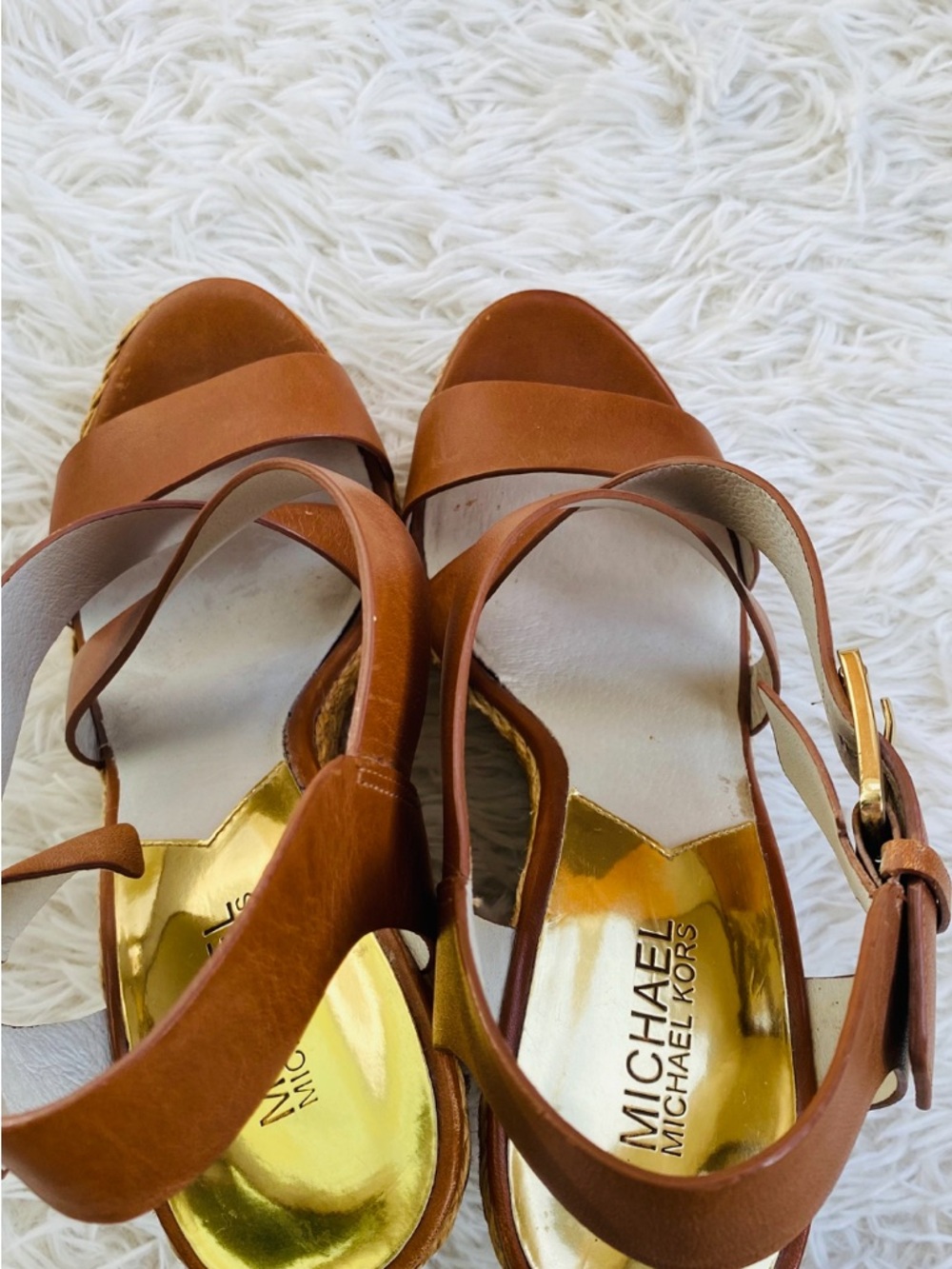 Michael Kors Wedge Sandals 9.5 Cognac Leather Espadrille Platform - Picture 5 of 10